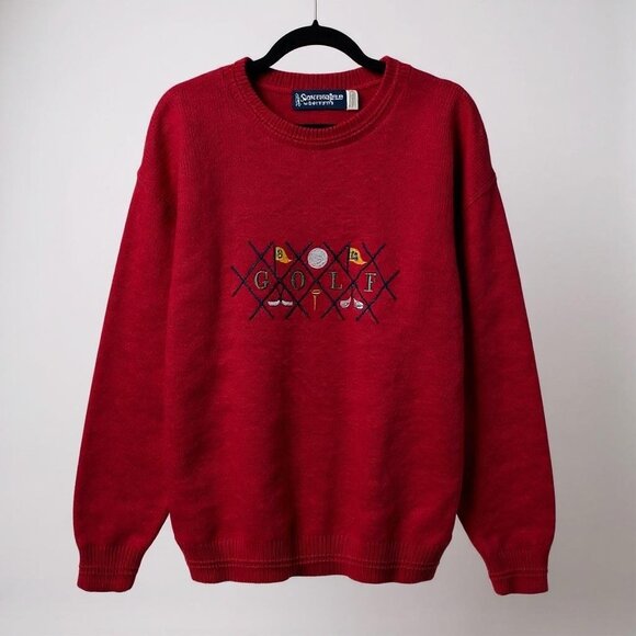 Vintage Red Golf Grandpa Textured Knit Sweater By Scottish Isle Bernette Size M - Picture 1 of 5